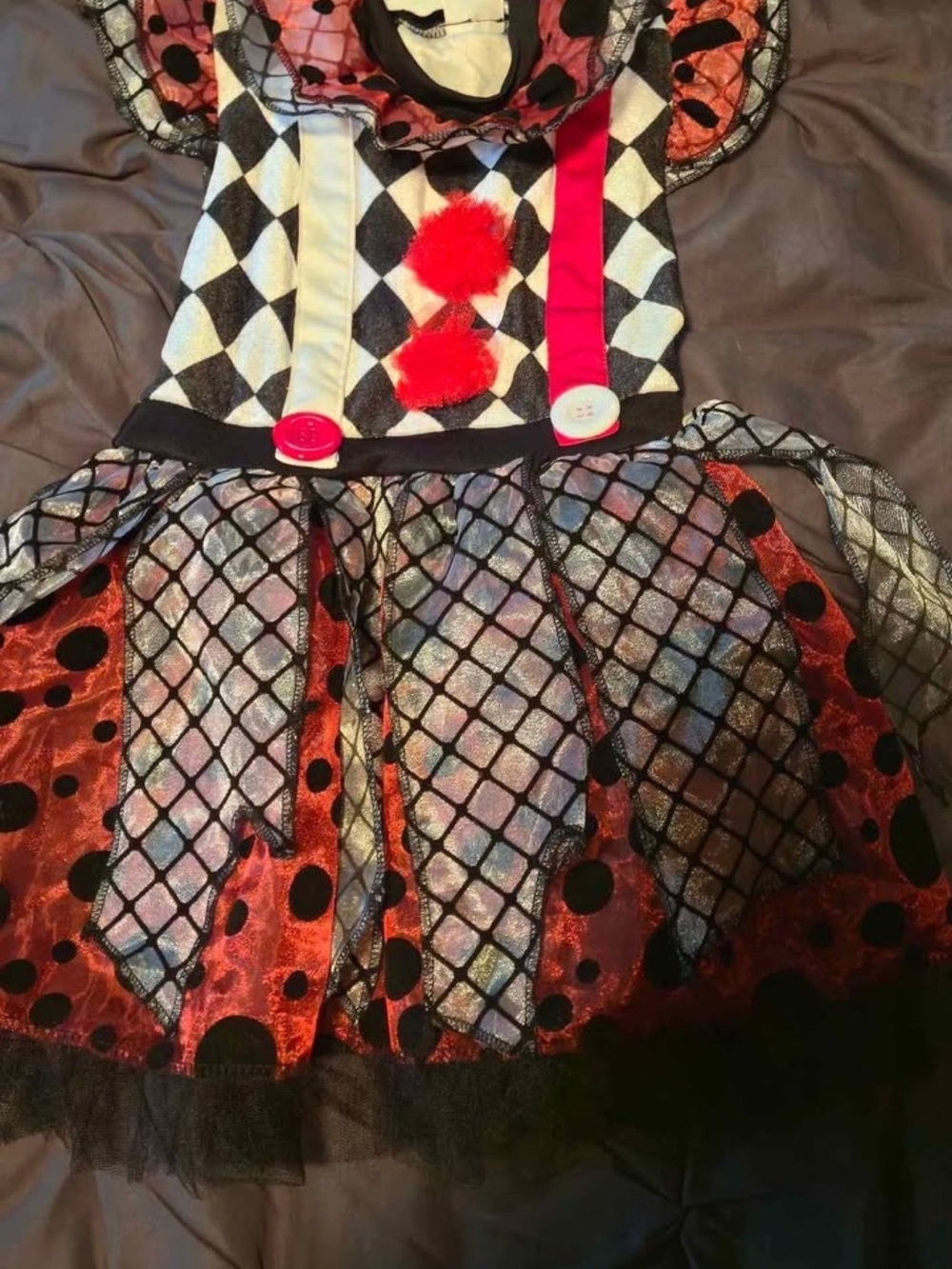 Spirit Red, Black and White Harlequin Jester Dress with Pom Accents